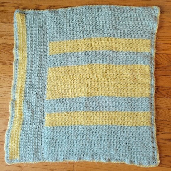 Handmade Crochet Baby Blanket In Pastel Blue & Yellow Stripes - Picture 1 of 5